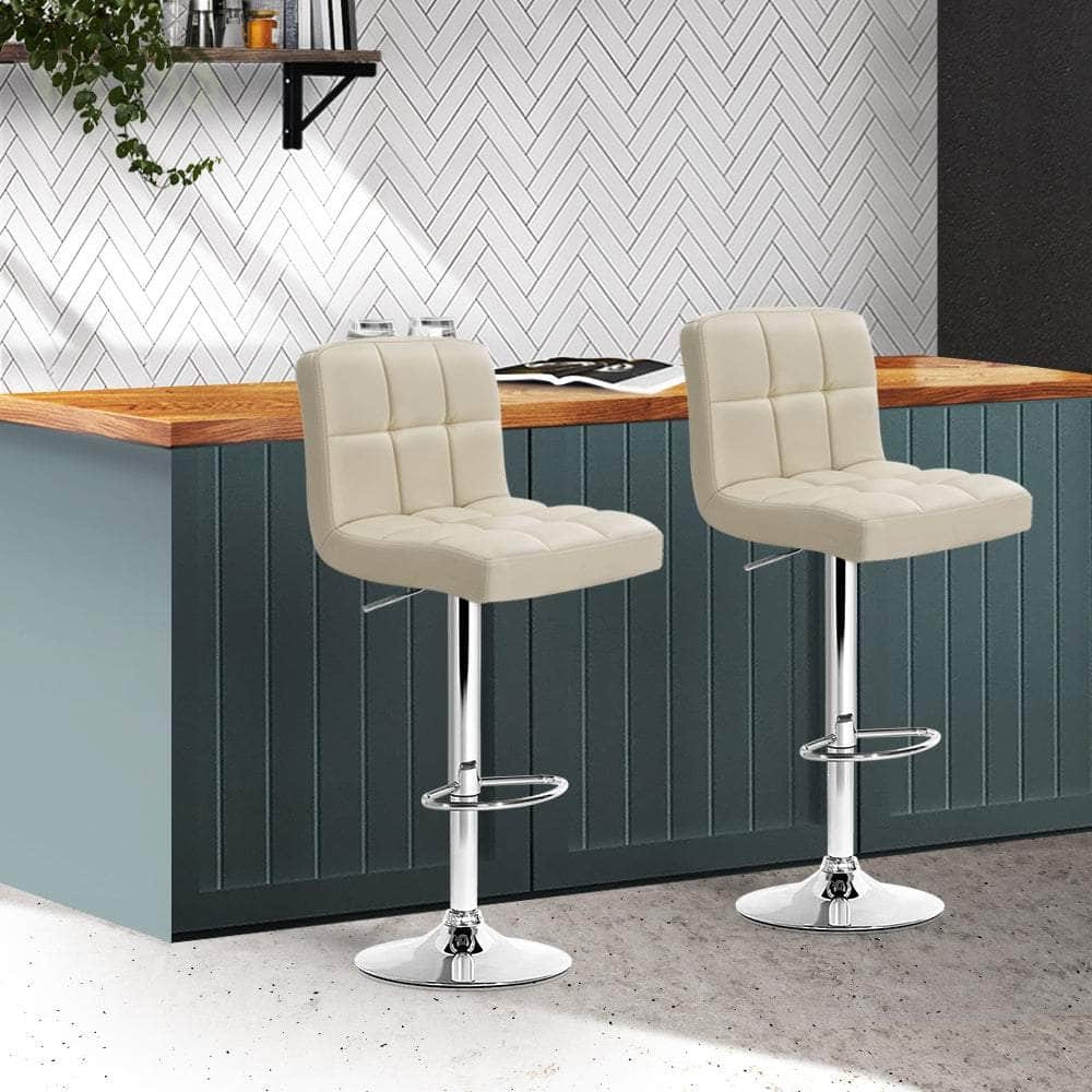 2x Bar Stools Leather Gas Lift Beige