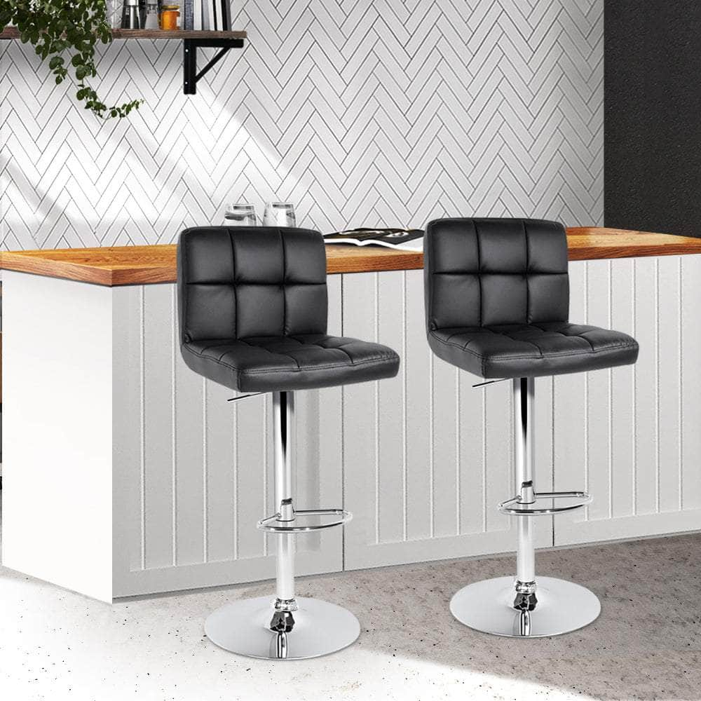 2x Bar Stools Leather Gas Lift Black