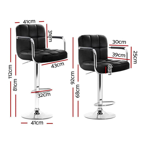 2x Bar Stools Leather Gas Lift w/Armrest Black