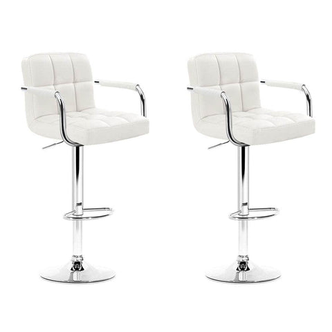 2x Bar Stools Leather Gas Lift w/Armrest White