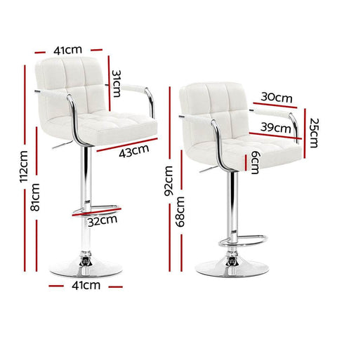 2x Bar Stools Leather Gas Lift w/Armrest White