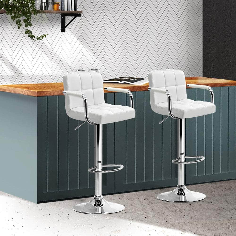 2x Bar Stools Leather Gas Lift w/Armrest White