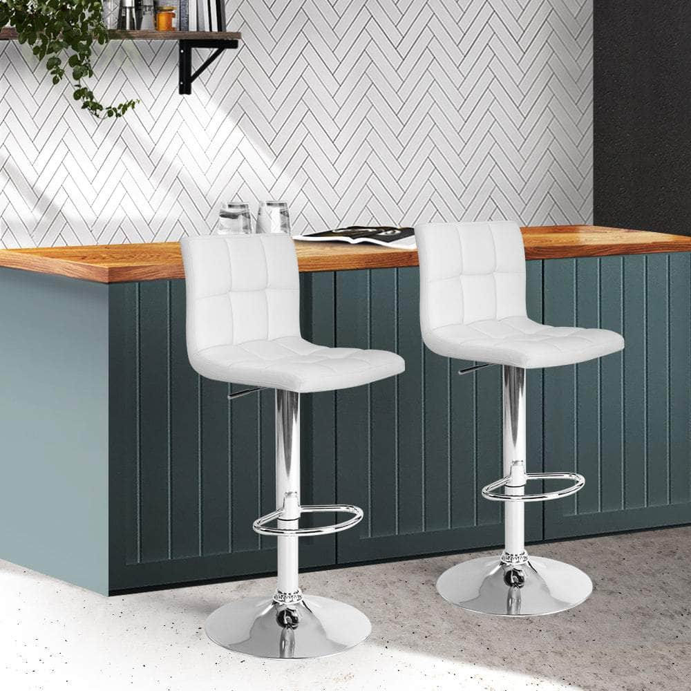 2x Bar Stools Leather Gas Lift White