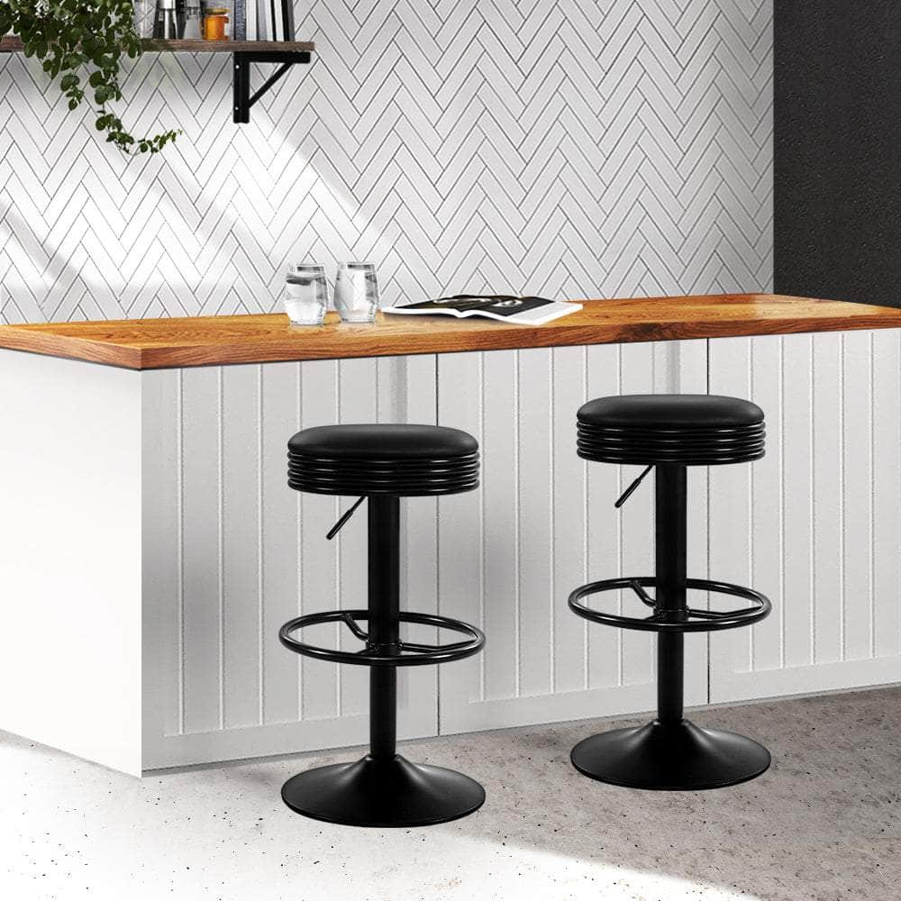 2x Bar Stools Leather Padded Gas Lift Black