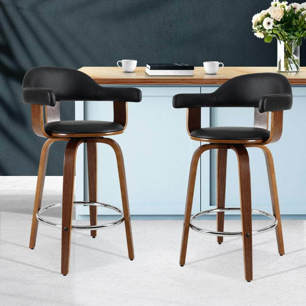 2x Bar Stools Leather Seat Wooden Legs