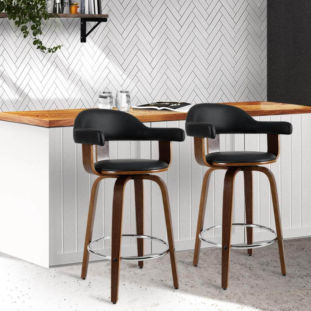 2x Bar Stools Leather Seat Wooden Legs