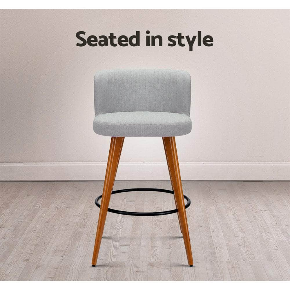 2x Bar Stools Linen Padded Wooden Grey