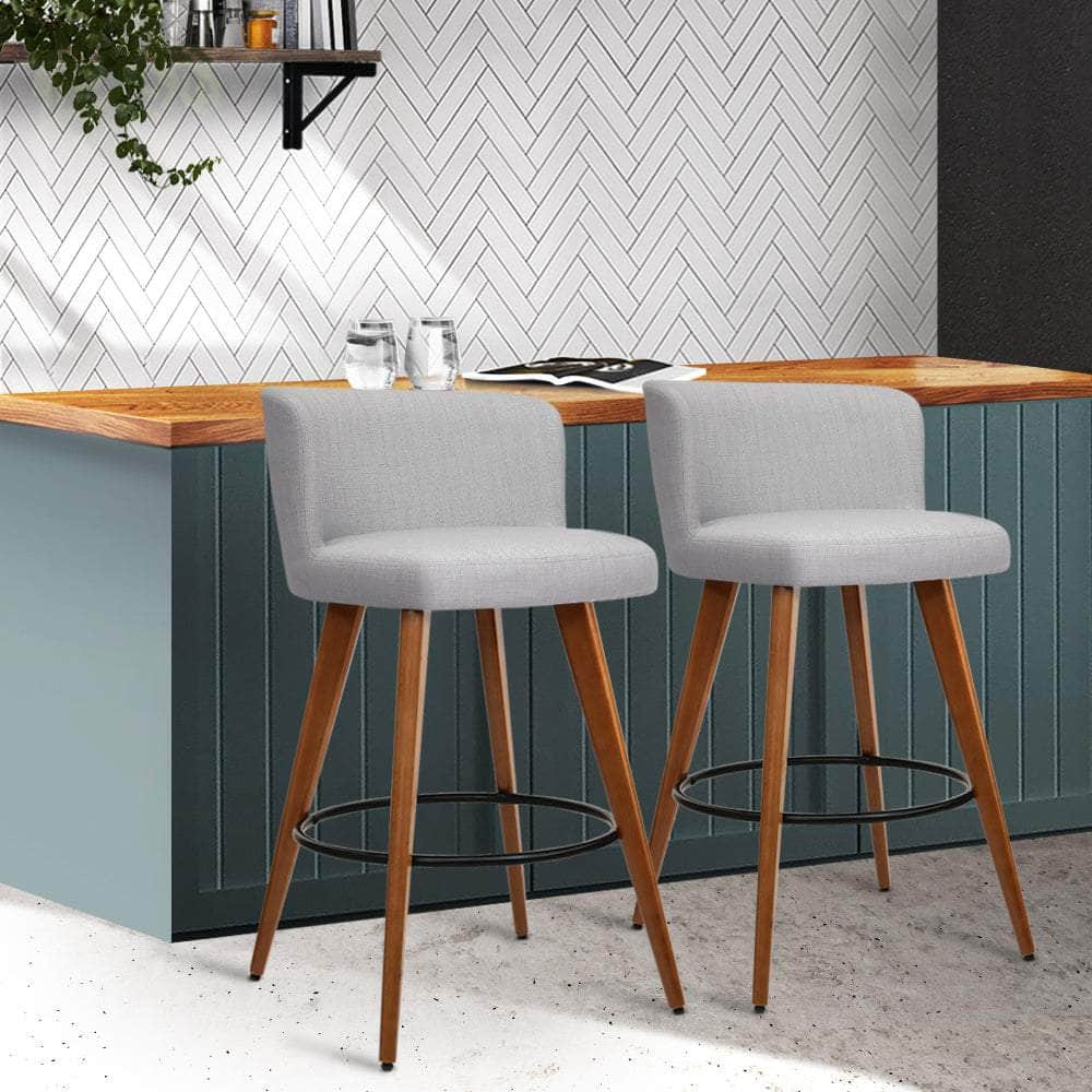 2x Bar Stools Linen Padded Wooden Grey