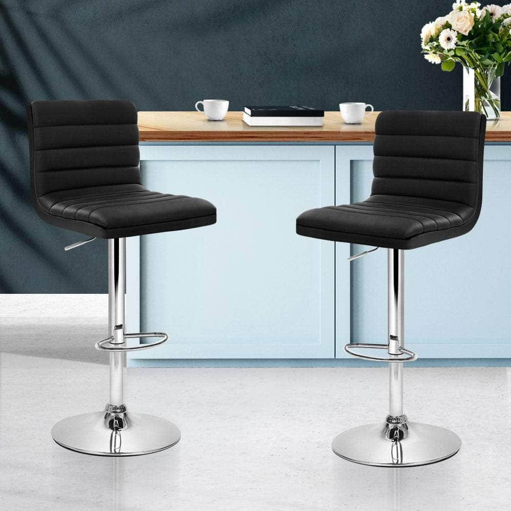 2x Bar Stools Padded Leather Gas Lift Black