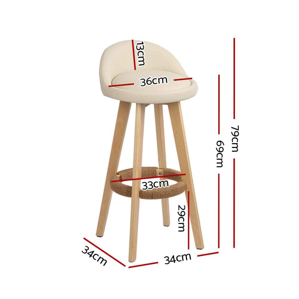 2x Bar Stools Padded Leather Wooden Beige