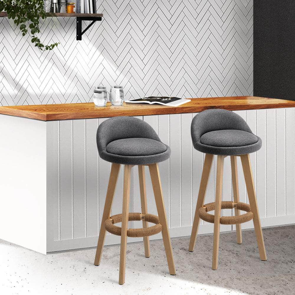 2x Bar Stools Padded Linen Wooden Grey