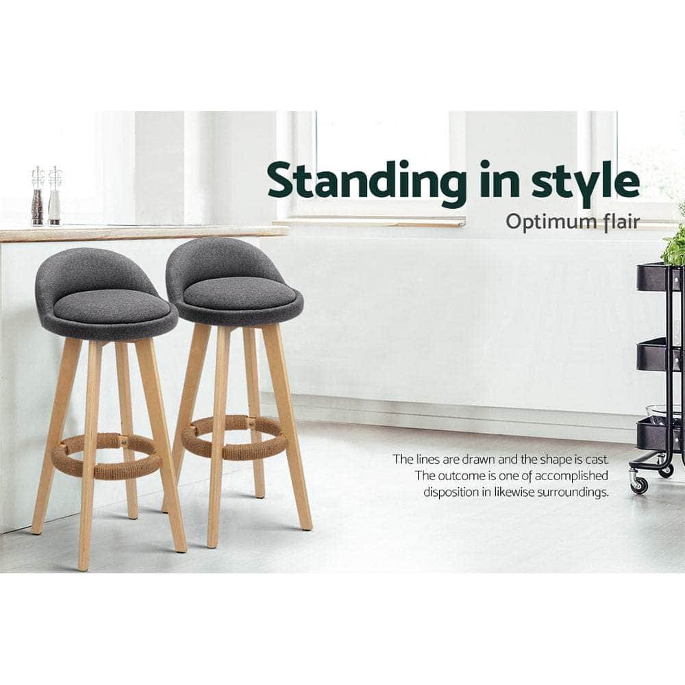 2x Bar Stools Padded Linen Wooden Grey