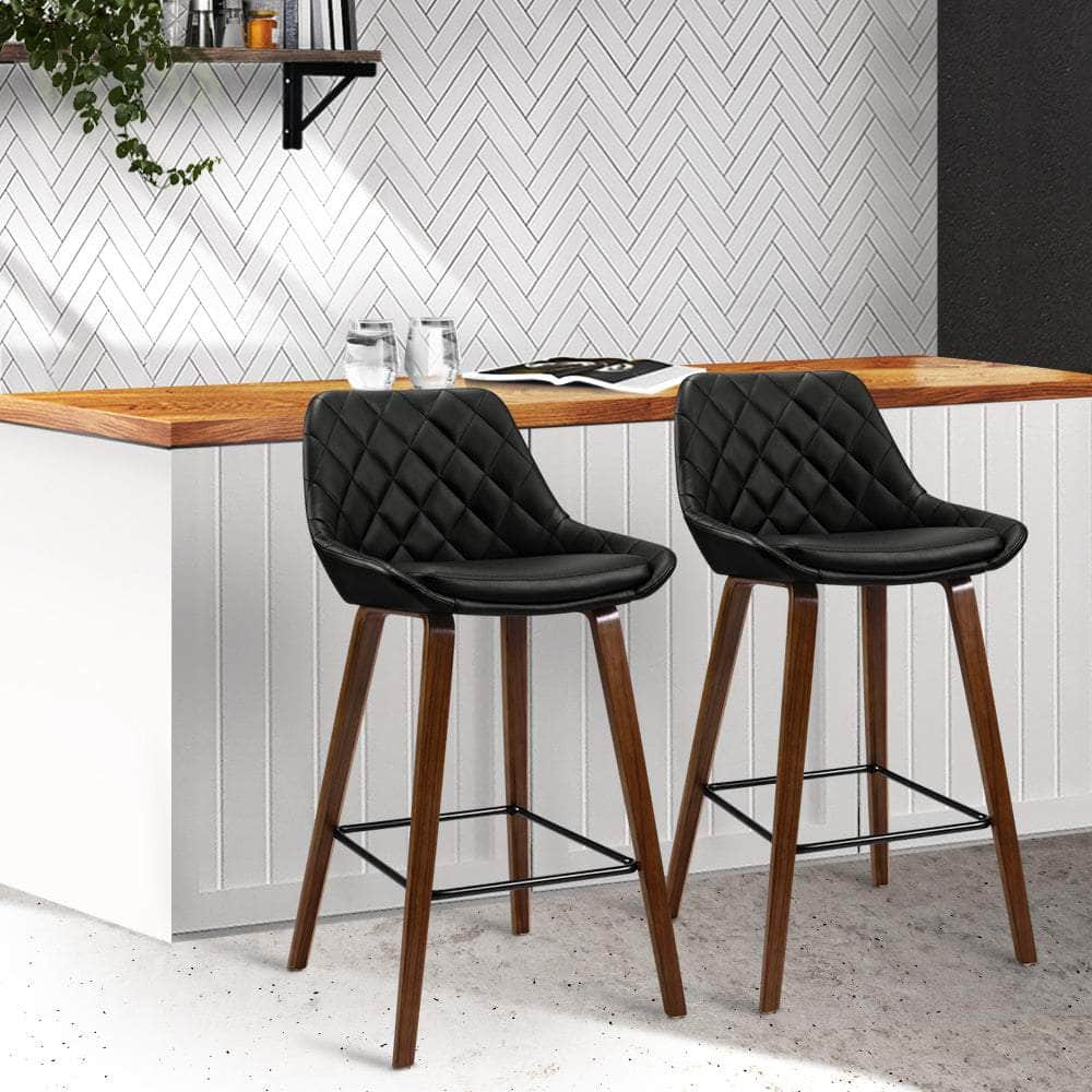 2x Bar Stools PU Seat Wooden