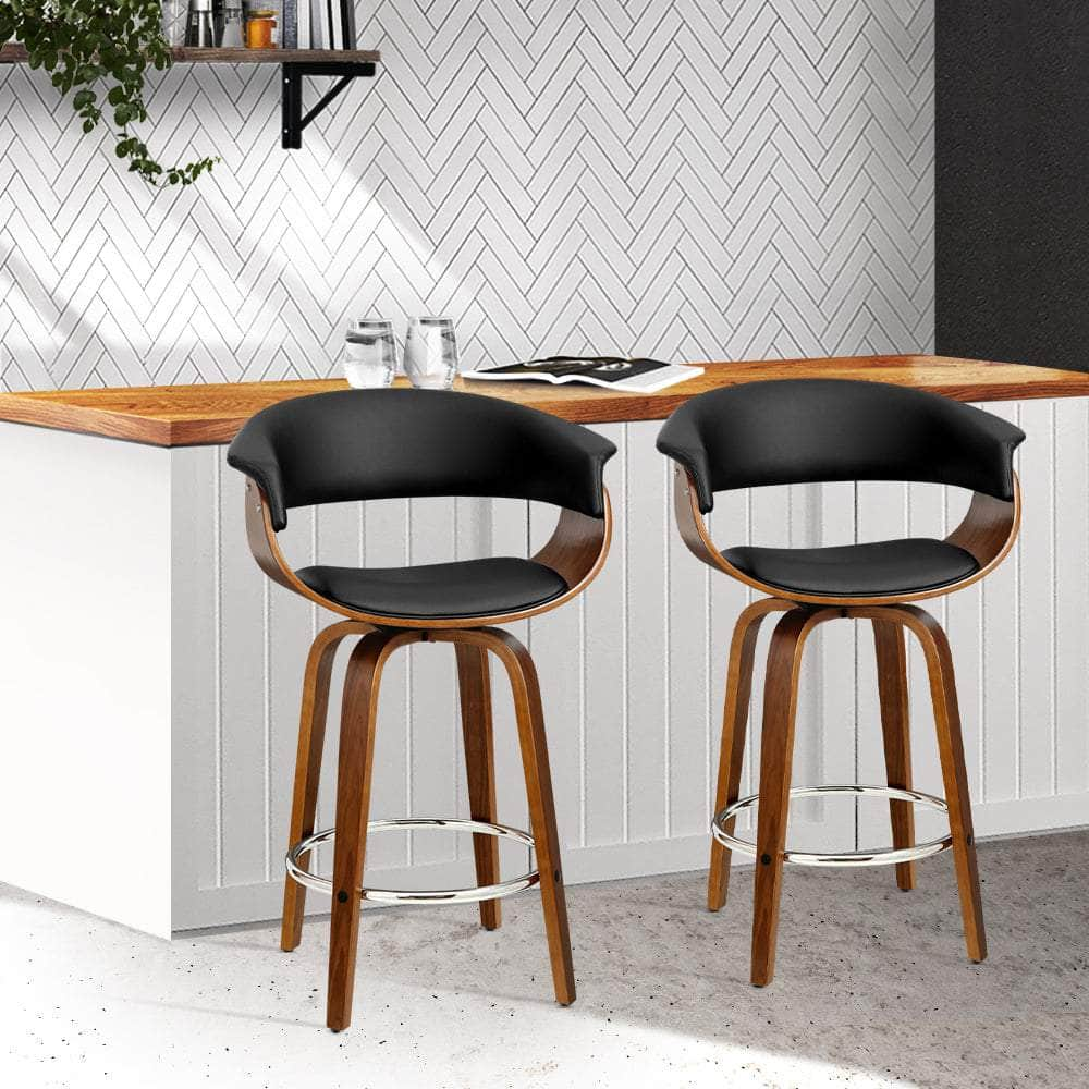 2x Bar Stools Swivel PU Seat Wooden