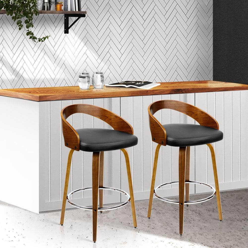 2x Bar Stools Swivel Seat Curving Backrest