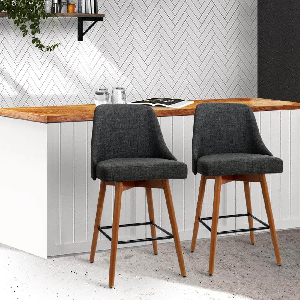 2x Bar Stools Swivel Seat Wooden Charcoal