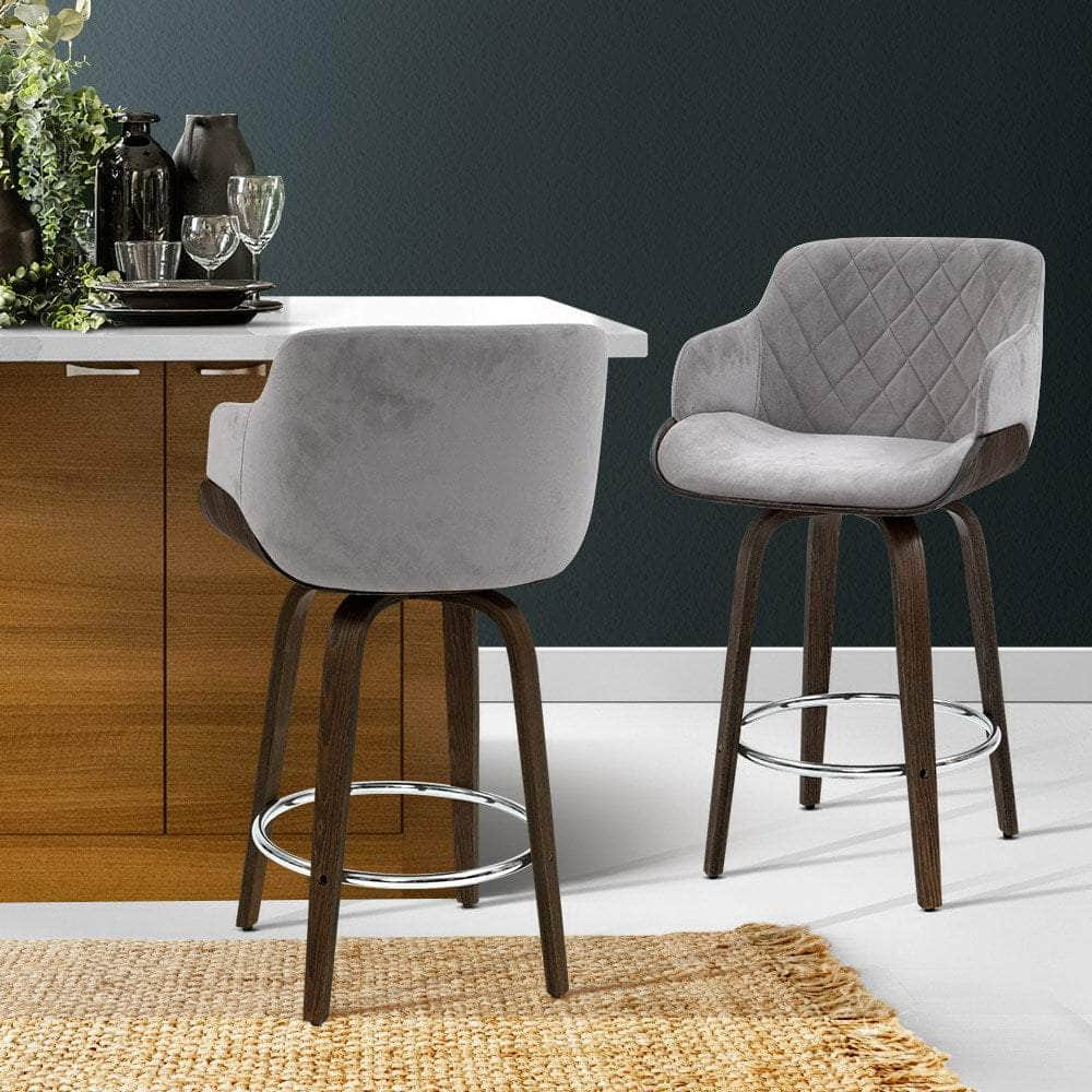 2x Bar Stools Swivel Velvet Padded Wooden