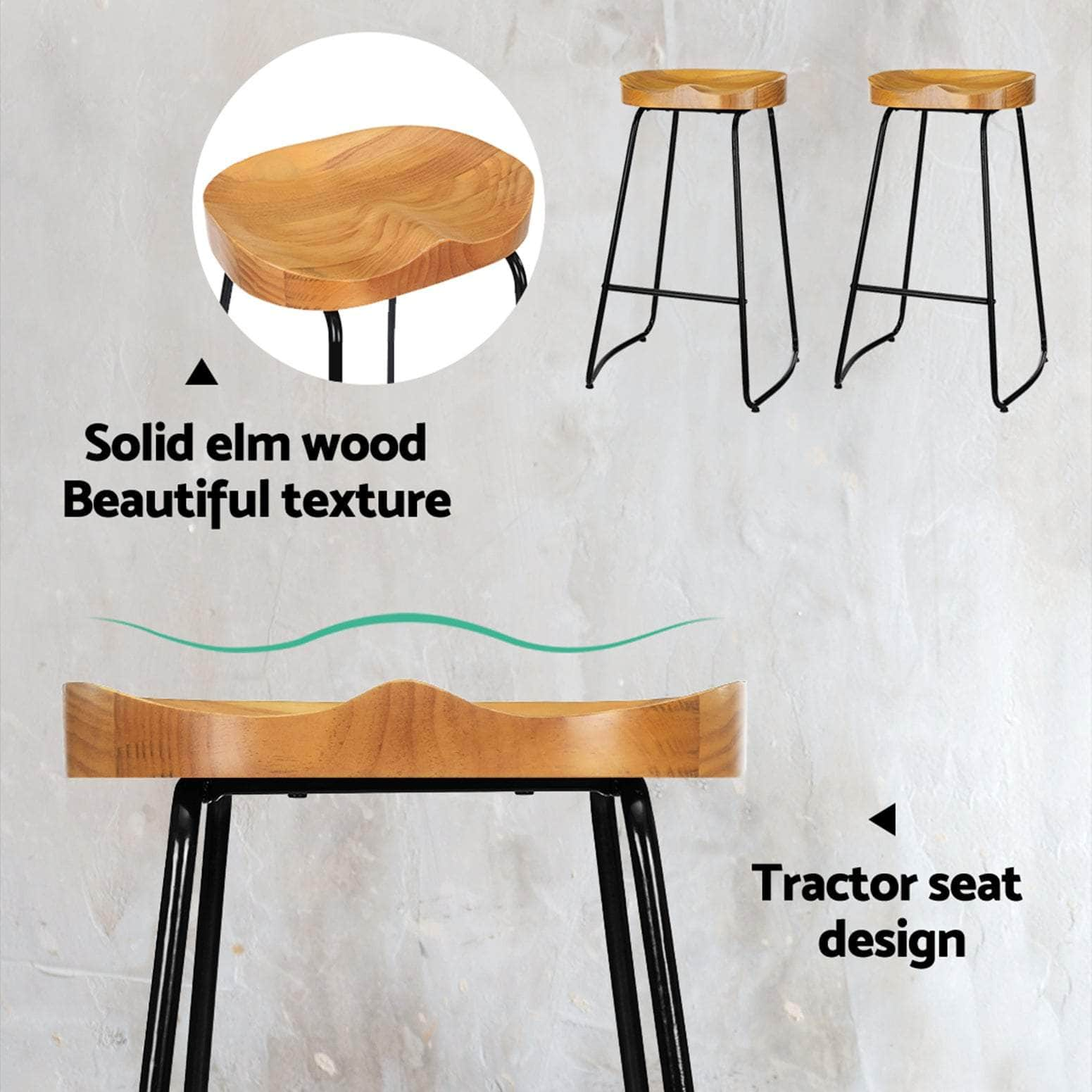 2x Bar Stools Tractor Seat 75cm Wooden