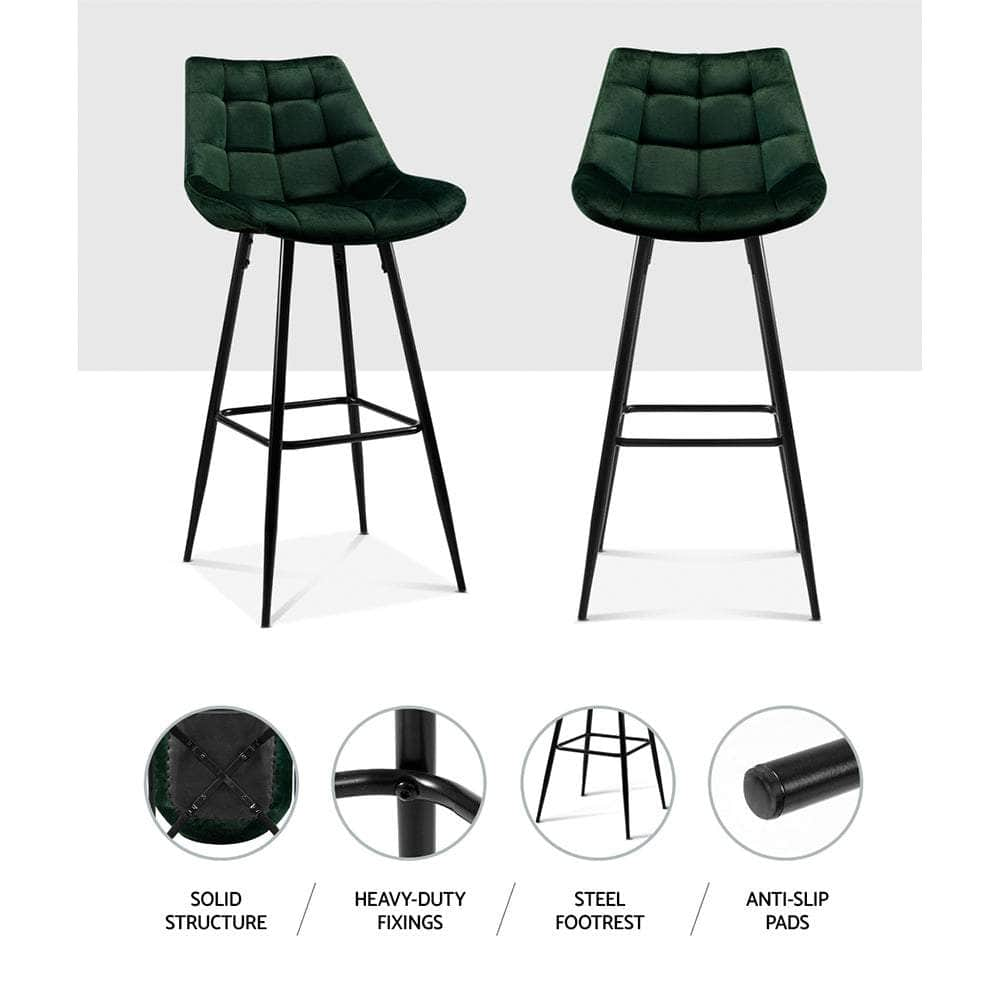 2x Bar Stools Velvet Chairs Green