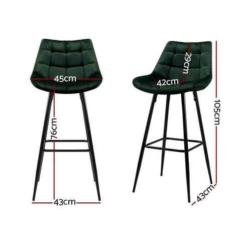 2x Bar Stools Velvet Chairs Green