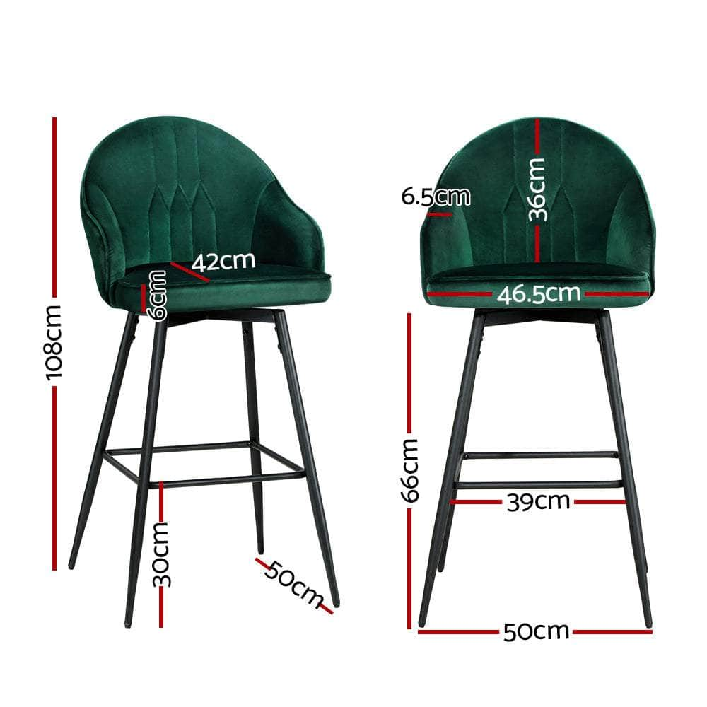 2x Bar Stools Velvet Swivel Metal Legs Green