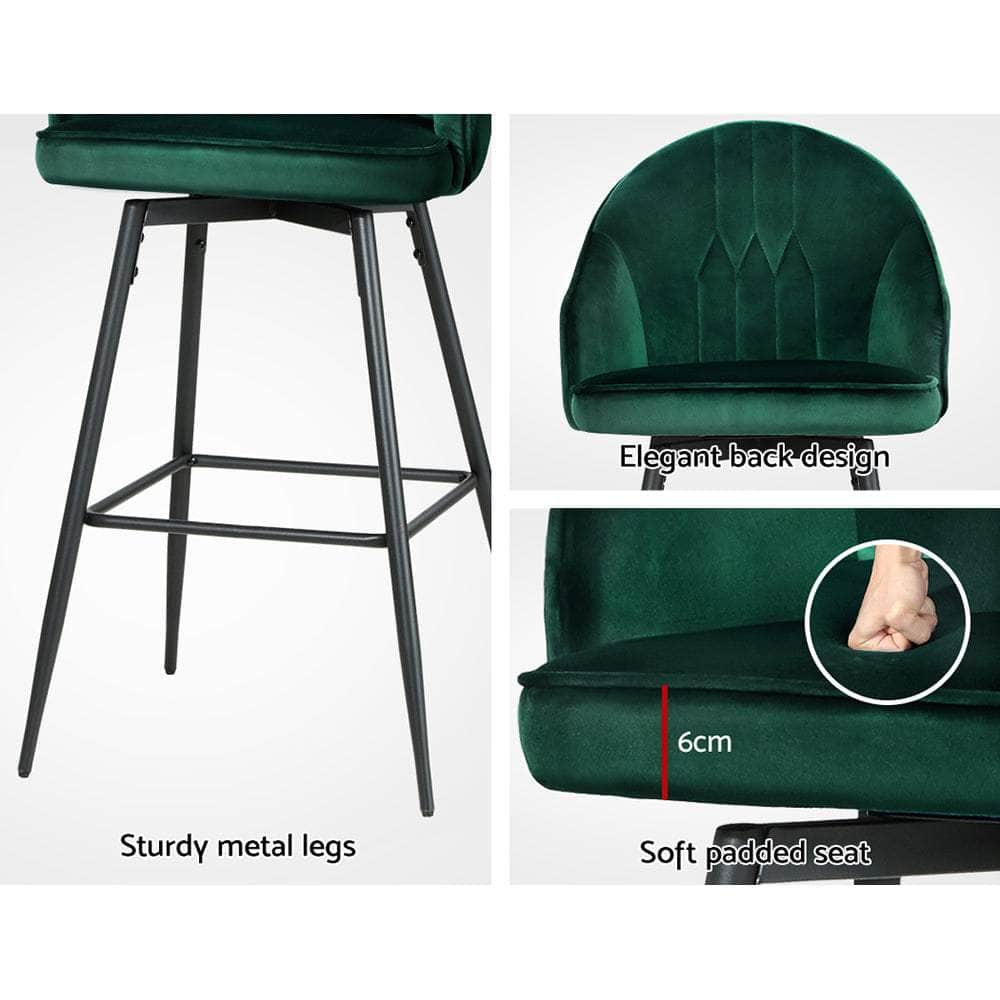 2x Bar Stools Velvet Swivel Metal Legs Green