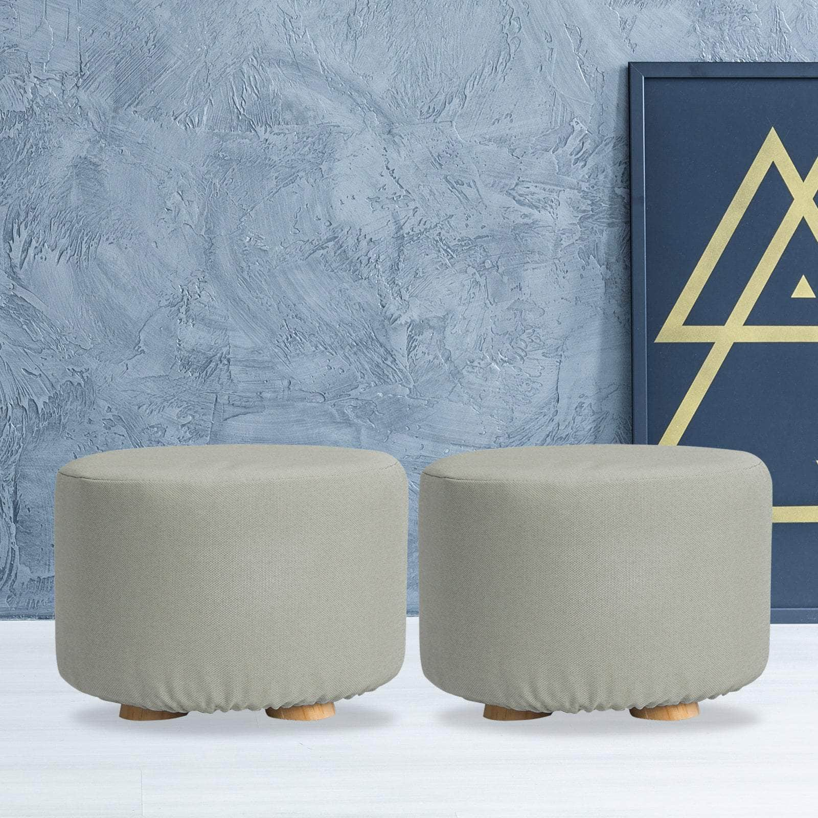 2X Fabric Ottoman Round Wooden Leg Foot Stool - Grey