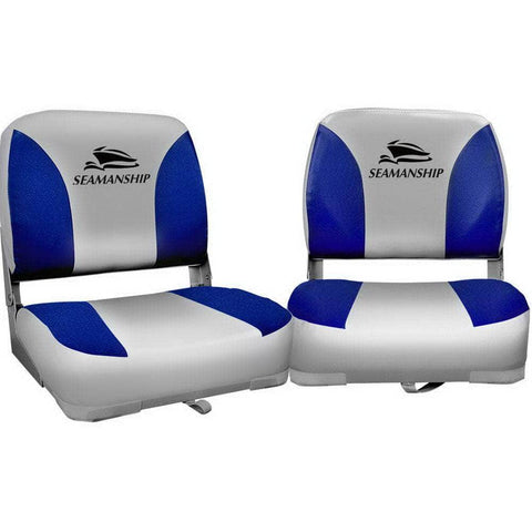 2X Folding Boat Seats Marine Swivel Low Back 13Cm Padding Grey Blue