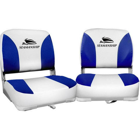 2X Folding Boat Seats Marine Swivel Low Back 13Cm Padding White Blue