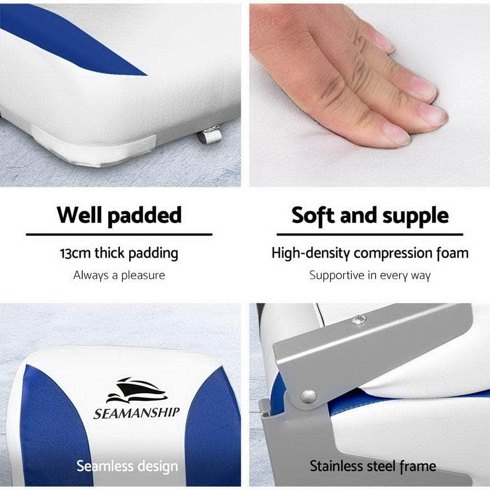 2X Folding Boat Seats Marine Swivel Low Back 13Cm Padding White Blue