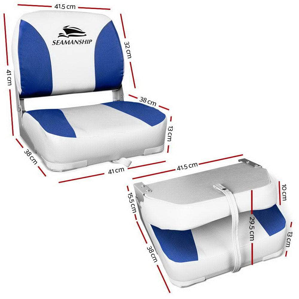 2X Folding Boat Seats Marine Swivel Low Back 13Cm Padding White Blue