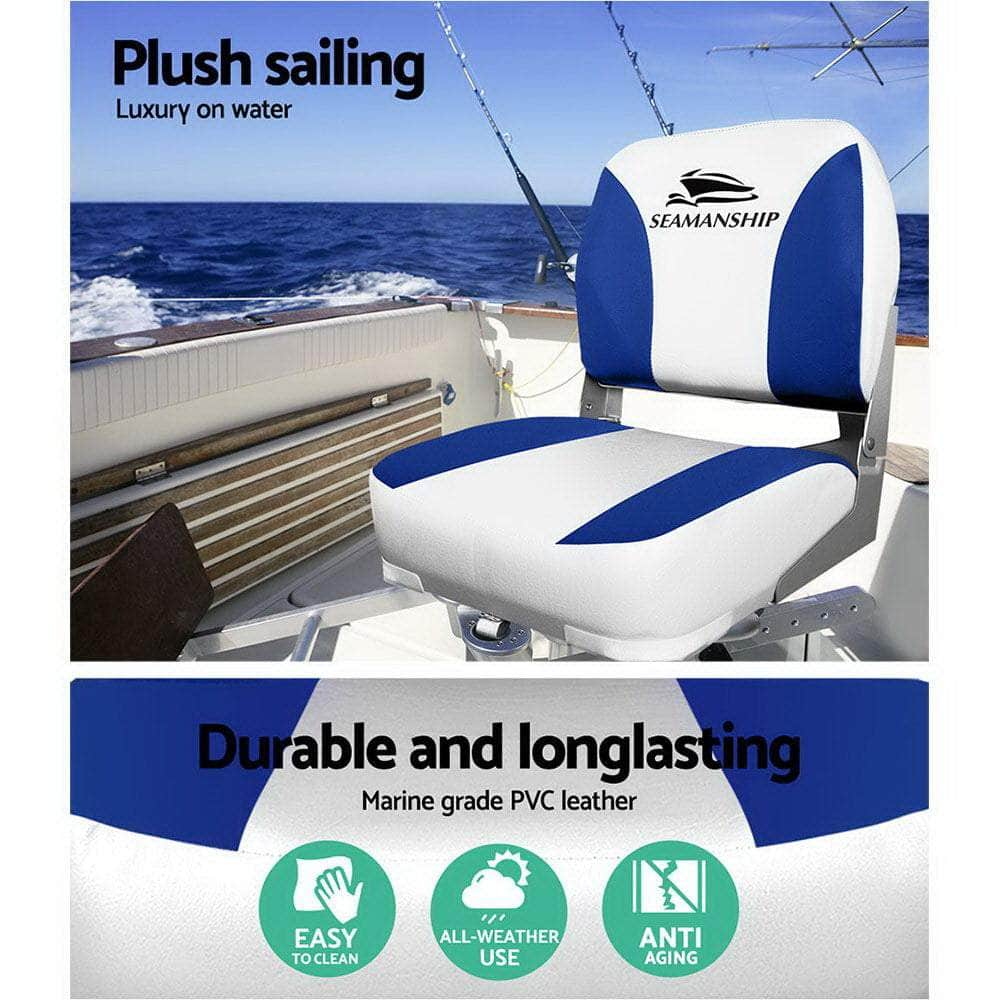 2X Folding Boat Seats Marine Swivel Low Back 13Cm Padding White Blue