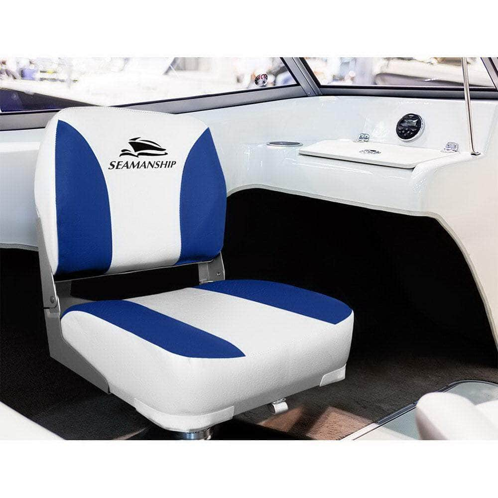 2X Folding Boat Seats Marine Swivel Low Back 13Cm Padding White Blue