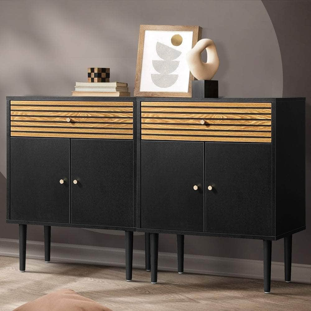 2x Sideboard Buffet Storage Cabinet Cupboard Black and Wood