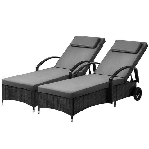 2x Sun Lounge Adjustable Backrest Wicker Black/Grey