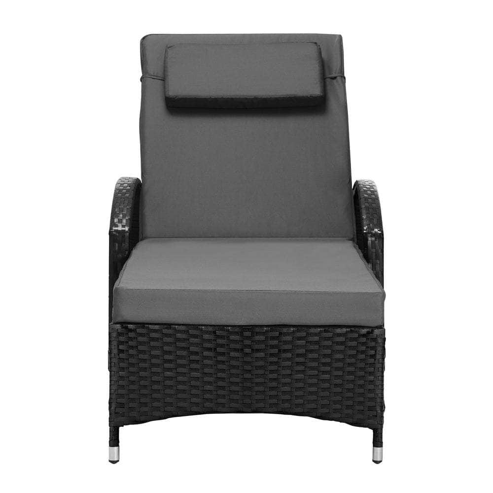 2x Sun Lounge Adjustable Backrest Wicker Black/Grey