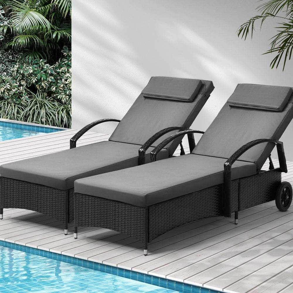 2x Sun Lounge Adjustable Backrest Wicker Black/Grey