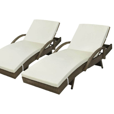 2X Sun Lounger Wicker Lounge Day Bed Patio Sofa Cushion Outdoor Furniture