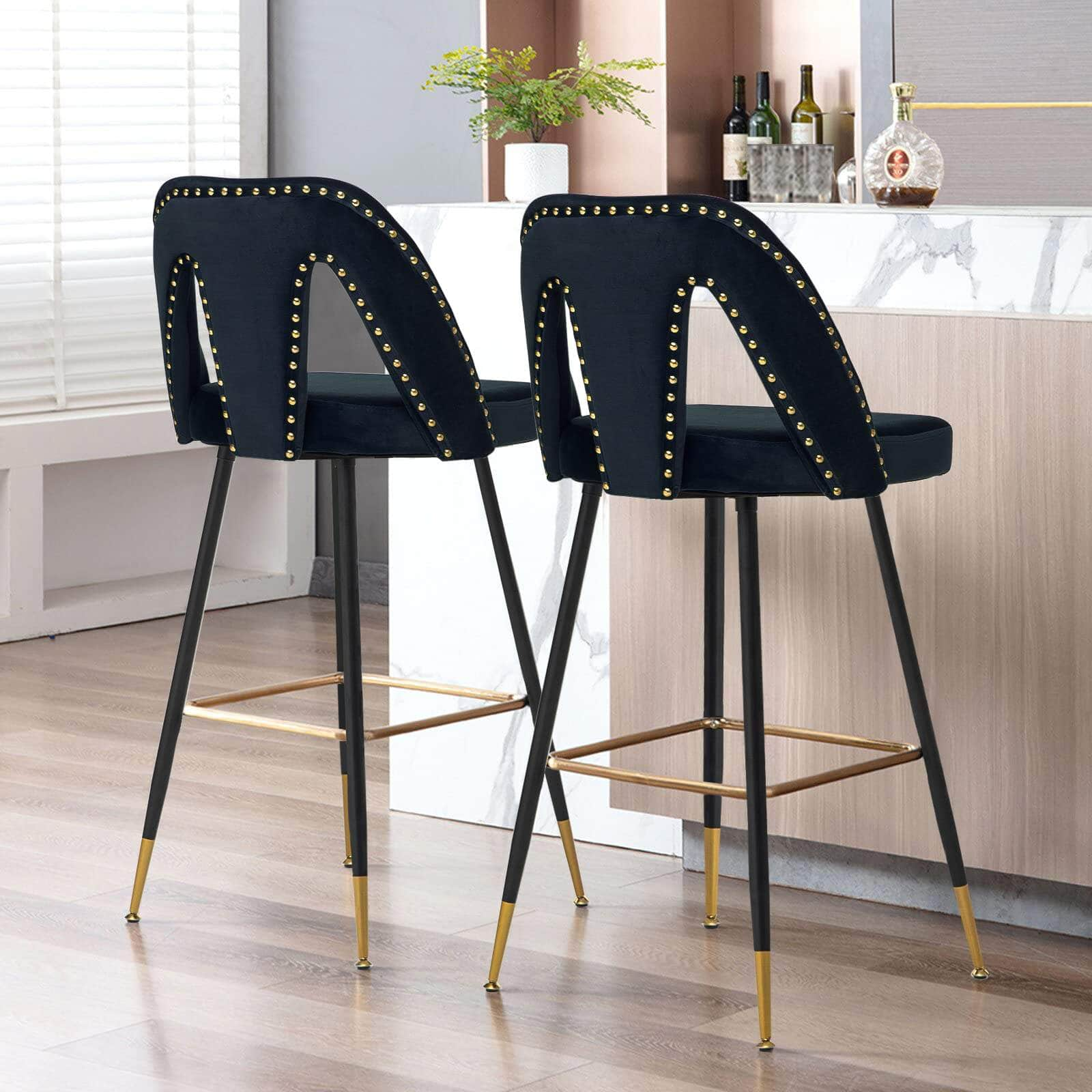 2X Velvet Bar Stool Gold Metal Legs Barstool Kitchen Nailhead Dining Chair