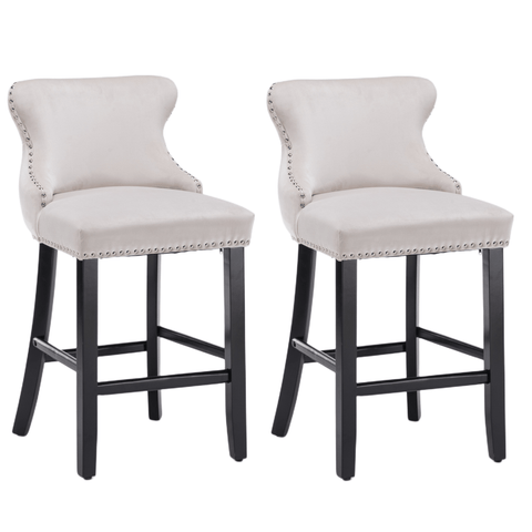 2X Velvet Upholstered Button Tufted Bar Stools With Wood Legs And Studs-Beige