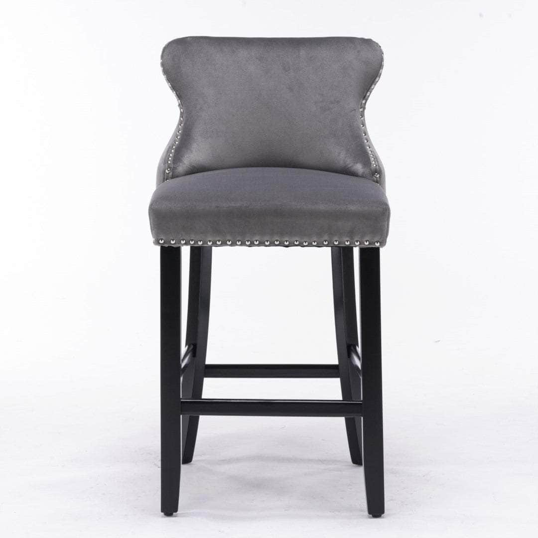 2X Velvet Upholstered Button Tufted Bar Stools With Wood Legs And Studs-Grey