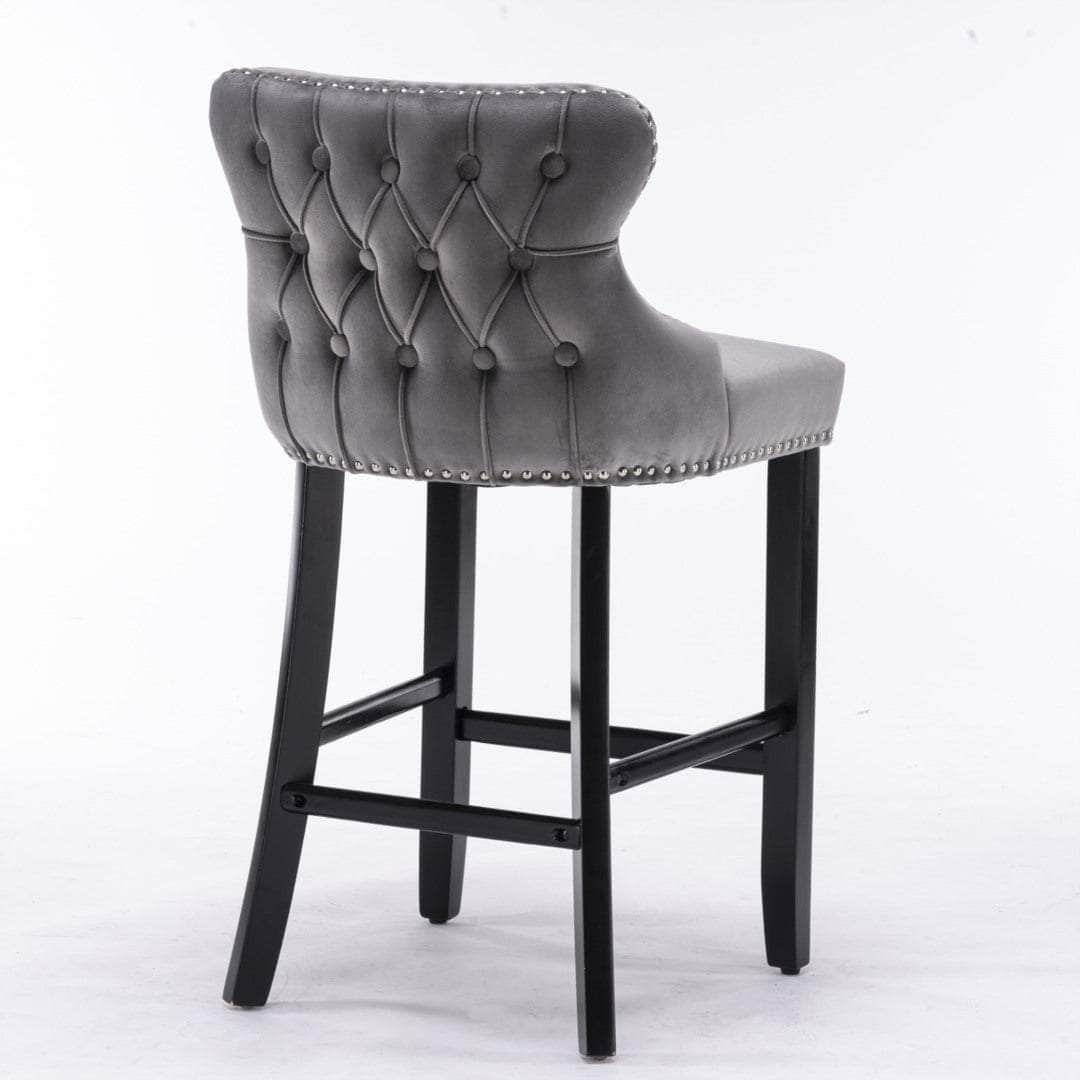 2X Velvet Upholstered Button Tufted Bar Stools With Wood Legs And Studs-Grey