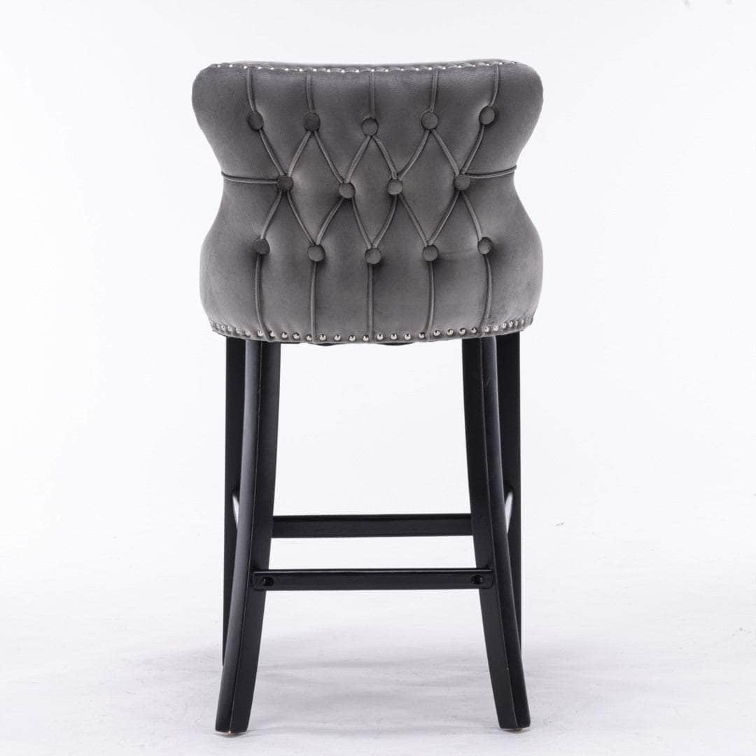 2X Velvet Upholstered Button Tufted Bar Stools With Wood Legs And Studs-Grey