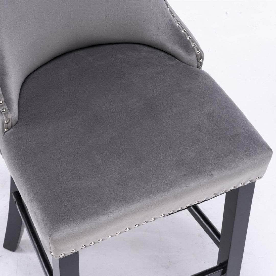 2X Velvet Upholstered Button Tufted Bar Stools With Wood Legs And Studs-Grey