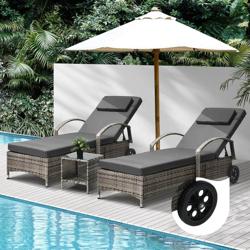 2x Wheeled Sun Lounger Day Bed & Table Outdoor Setting Patio