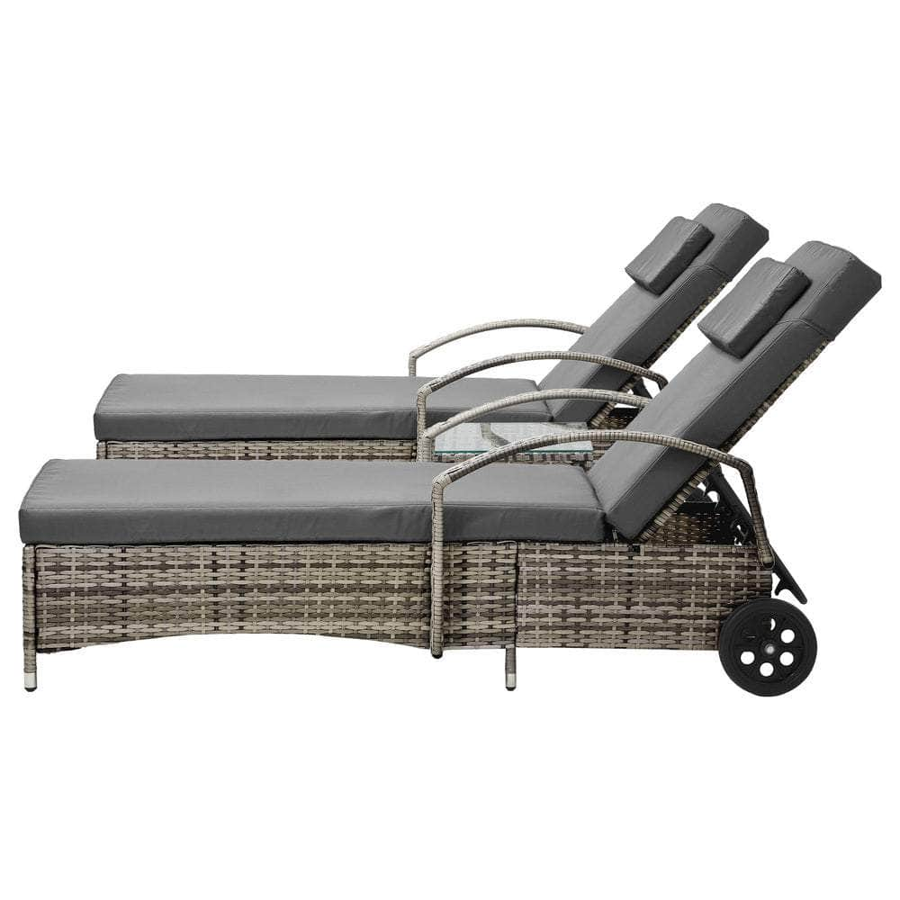 2x Wheeled Sun Lounger Day Bed & Table Outdoor Setting Patio