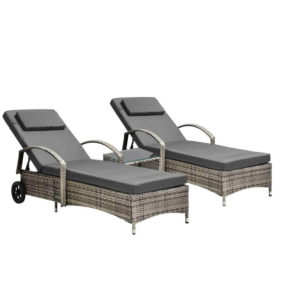 2x Wheeled Sun Lounger Day Bed & Table Outdoor Setting Patio