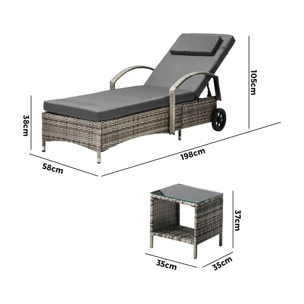 2x Wheeled Sun Lounger Day Bed & Table Outdoor Setting Patio