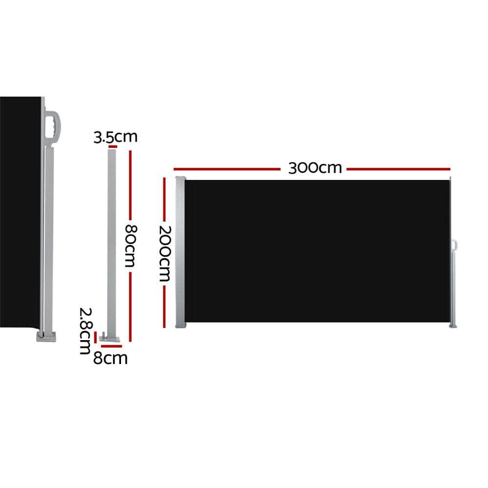 2x3m Side Awning - Retractable Privacy Screen Black