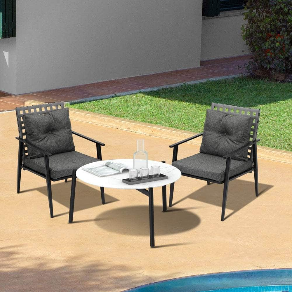 3/5pc Outdoor Patio Set 70CM White Marble Table Rattan Chairs